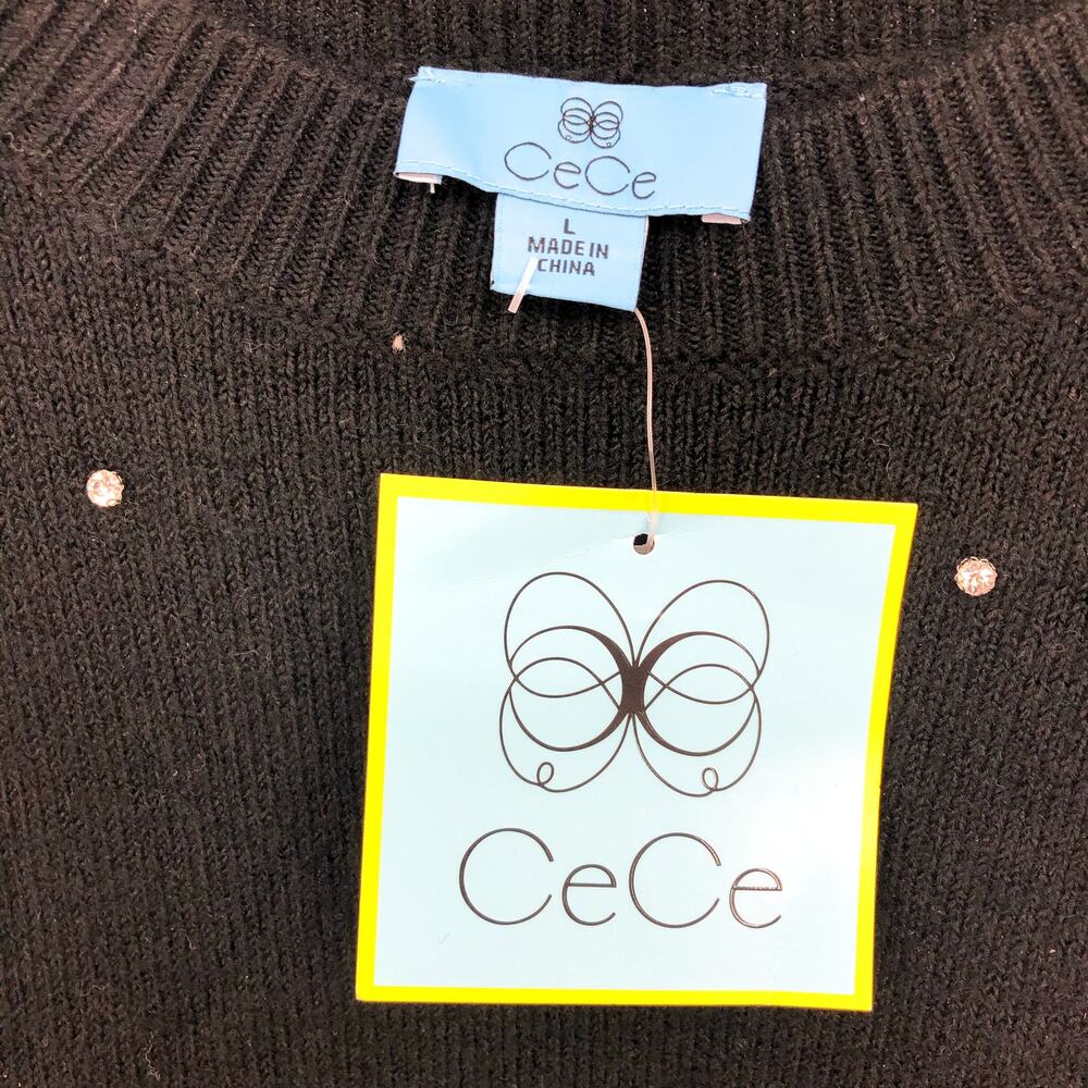 CECE Crew Neck Drop Shoulder Rhinestone Sweater Large Black  Jersey Knit NWT - Picture 6 of 9